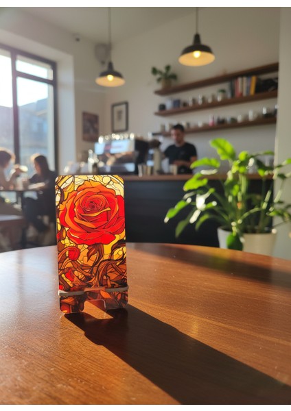 Pleksi Telefon Standı ve Telefon Tutucu Premium Kırmızı Gül Epoksi Baskı Tasarım