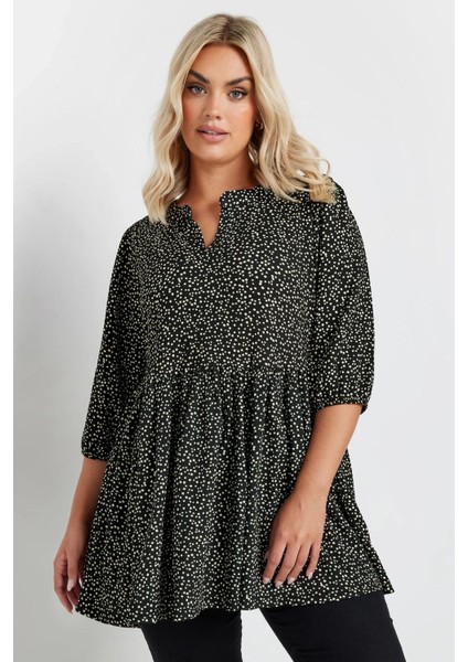 Büyük Beden V Yaka Yarım Kollu Bileği Lastikli Desenli Bluz 322213