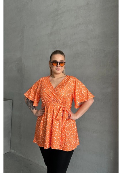 Büyük Beden Kısa Kollu V Yaka Önü Bağlama Detaylı Bluz 97-40 fiyatları