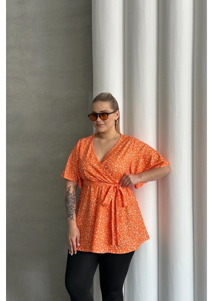 Büyük Beden Kısa Kollu V Yaka Önü Bağlama Detaylı Bluz 97-40 indirimleri