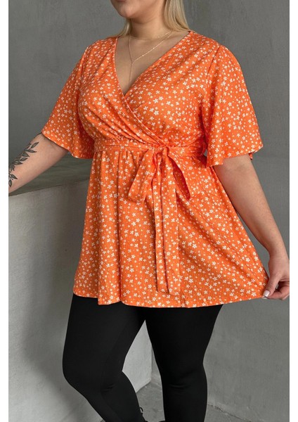 Büyük Beden Kısa Kollu V Yaka Önü Bağlama Detaylı Bluz 97-40