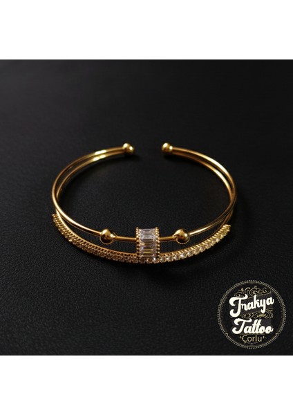 Zirkon Taşlı Su Yolu 2li Kadın Çelik Kelepçe Bileklik Paslanmaz