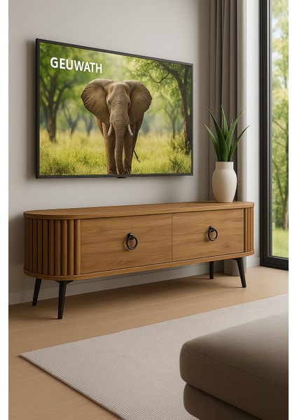 Linea 150 Lik Ovalli Çıtalı 2 Kapaklı Tv Ünitesi – Ceviz Detaylı, 150 Cm, Duvara Monte Edilebilir