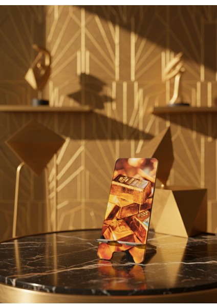 Pleksi Telefon Standı ve Telefon Tutucu Premium Külçe Altın Epoksi Baskı Tasarım