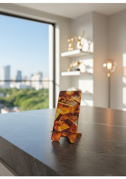 Pleksi Telefon Standı ve Telefon Tutucu Premium Külçe Altın Epoksi Baskı Tasarım fırsatları