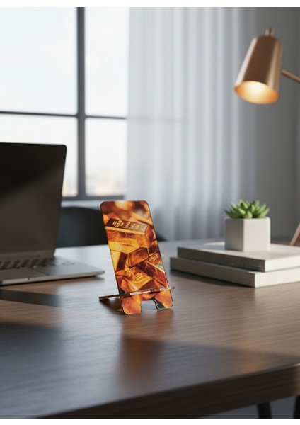Pleksi Telefon Standı ve Telefon Tutucu Premium Külçe Altın Epoksi Baskı Tasarım