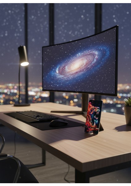 Pleksi Telefon Standı ve Telefon Tutucu Premium Neon Aslan Epoksi Baskı Tasarım