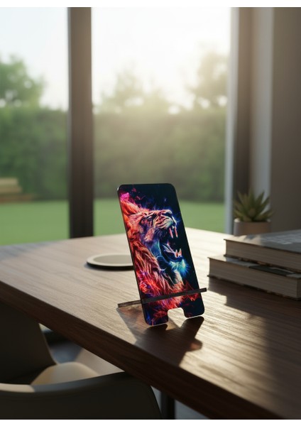 Pleksi Telefon Standı ve Telefon Tutucu Premium Neon Aslan Epoksi Baskı Tasarım modelleri