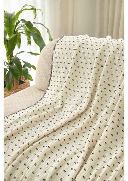 Krem Müslin Tv Battaniyesi / Koltuk Şalı – 130X170 Cm, 3 Katlı Noktalı, Çoban Dikişli