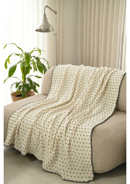 Krem Müslin Tv Battaniyesi / Koltuk Şalı – 130X170 Cm, 3 Katlı Noktalı, Çoban Dikişli modelleri