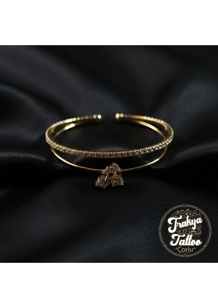 Zirkon Taşlı Su Yolu Kirazlı 2li Kadın Çelik Kelepçe Bileklik Paslanmaz