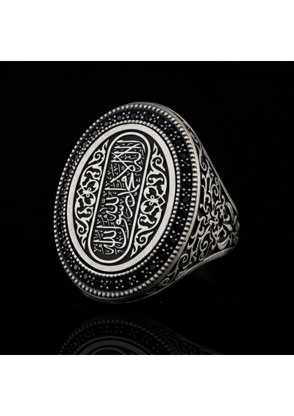 925 Ayar Kelime-I Tevhid Yazılı Taş Işlemeli Erkek Gümüş Yüzük