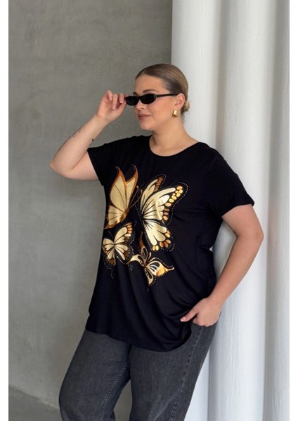 Büyük Beden Kelebek Baskılı Parlak Simli T-Shirt 302275