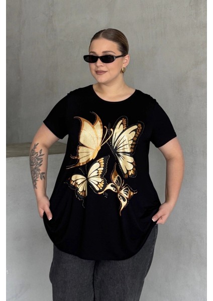 Büyük Beden Kelebek Baskılı Parlak Simli T-Shirt 302275 fiyatları