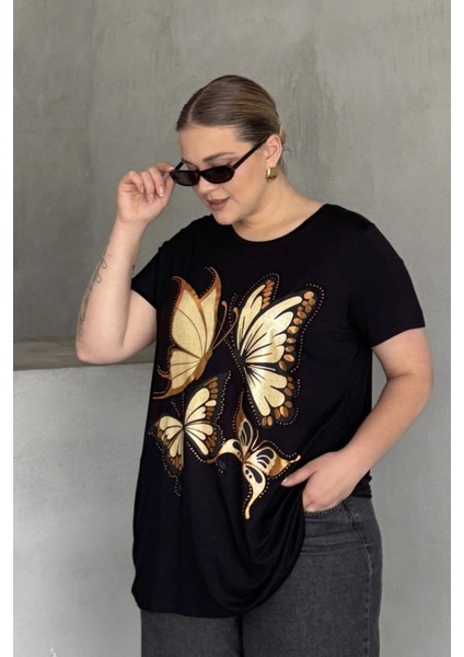 Büyük Beden Kelebek Baskılı Parlak Simli T-Shirt 302275 fırsatları