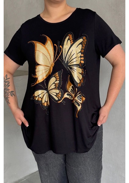 Büyük Beden Kelebek Baskılı Parlak Simli T-Shirt 302275