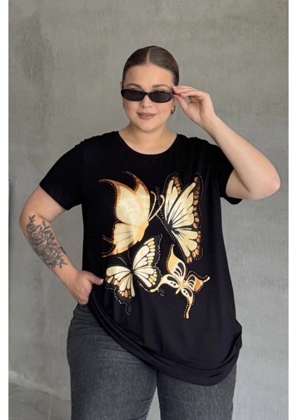 Büyük Beden Kelebek Baskılı Parlak Simli T-Shirt 302275