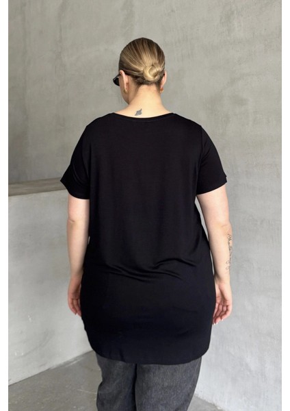 Büyük Beden Kelebek Baskılı Parlak Simli T-Shirt 302275