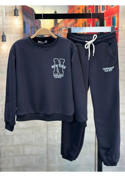 G-Smart Kids Ny Yazı Baskılı Antrasit Erkek Çocuk - Genç Eşofman Takım 9-16 Yaş