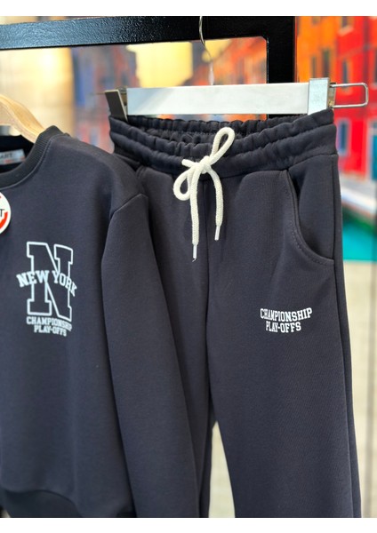 G-Smart Kids Ny Yazı Baskılı Antrasit Erkek Çocuk - Genç Eşofman Takım 9-16 Yaş