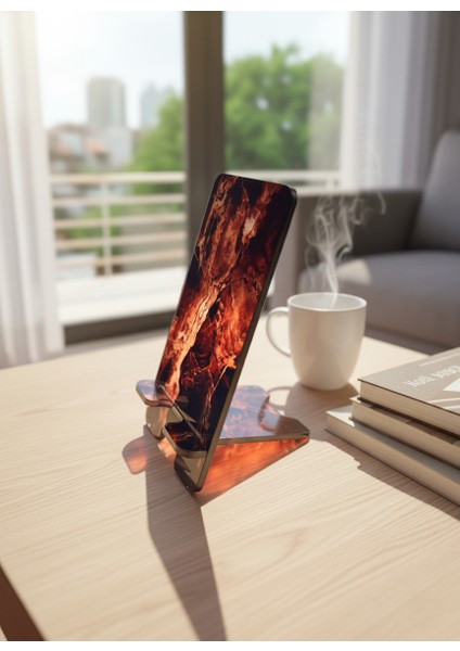 Pleksi Telefon Standı ve Telefon Tutucu Premium Kahverengi Mermer Epoksi Baskı Tasarım