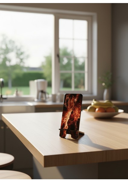 Pleksi Telefon Standı ve Telefon Tutucu Premium Kahverengi Mermer Epoksi Baskı Tasarım