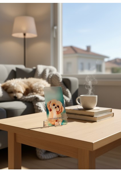 Pleksi Telefon Standı ve Telefon Tutucu Premium Sevimli Köpek Epoksi Baskı Tasarım