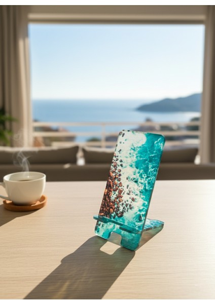 Pleksi Telefon Standı ve Telefon Tutucu Premium Kıyı Epoksi Baskı Tasarım