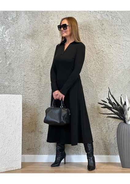Mdb Kadın Uzun Kollu Yakalı Midi Viskon Iki Iplik Elbise
