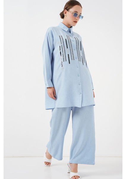Kadın Bdart Işlemeli Keten Karışımlı Iki Parça Takım Maya Mavisi