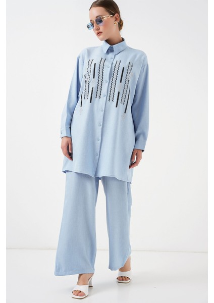 Kadın Bdart Işlemeli Keten Karışımlı Iki Parça Takım Maya Mavisi modelleri