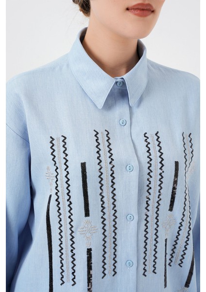 Kadın Bdart Işlemeli Keten Karışımlı Iki Parça Takım Maya Mavisi indirimleri