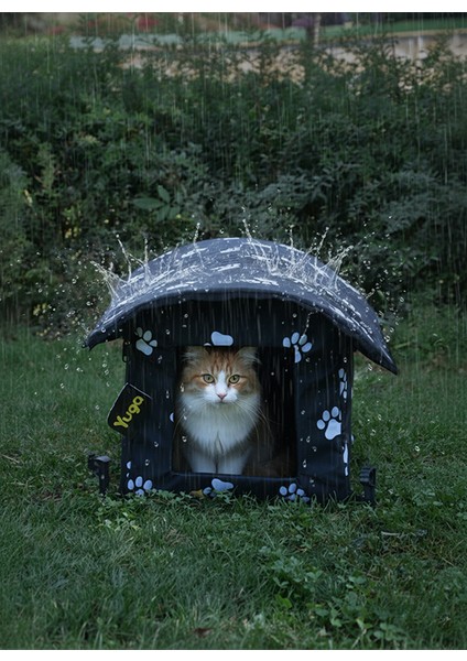 Pati Desenli Siyah Kedi Evi Isı ve Yağmur Korumalı