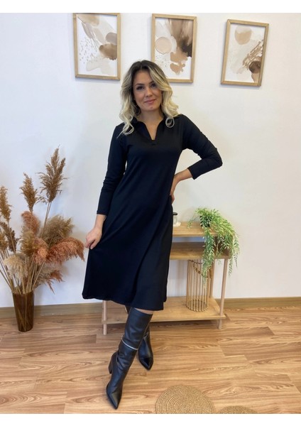 Mdb Kadın Uzun Kollu Yakalı Midi Viskon Iki Iplik Elbise indirimleri