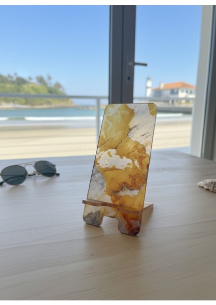 Pleksi Telefon Standı ve Telefon Tutucu Premium Sarı Mermer Epoksi Baskı Tasarım
