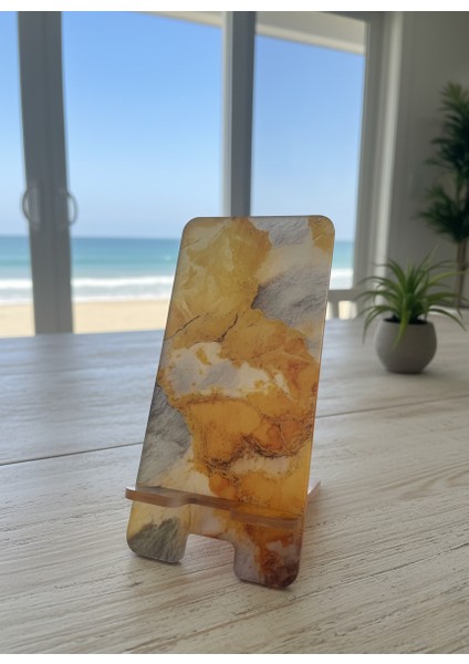 Pleksi Telefon Standı ve Telefon Tutucu Premium Sarı Mermer Epoksi Baskı Tasarım modelleri