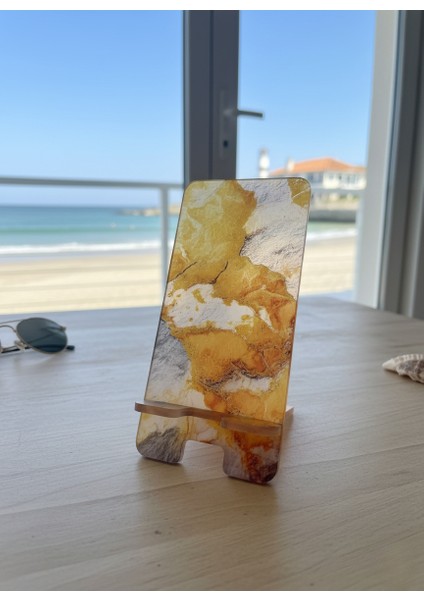 Pleksi Telefon Standı ve Telefon Tutucu Premium Sarı Mermer Epoksi Baskı Tasarım fırsatları