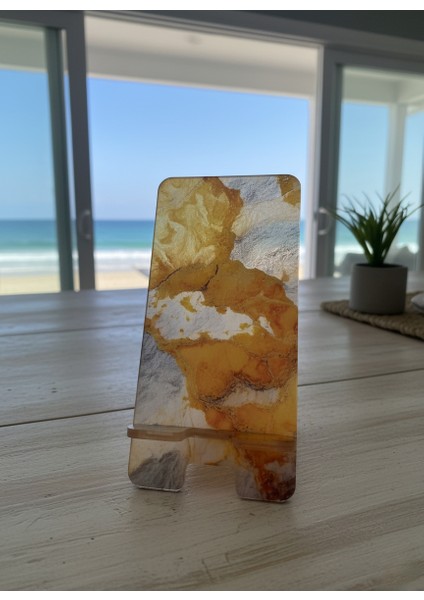 Pleksi Telefon Standı ve Telefon Tutucu Premium Sarı Mermer Epoksi Baskı Tasarım indirimleri