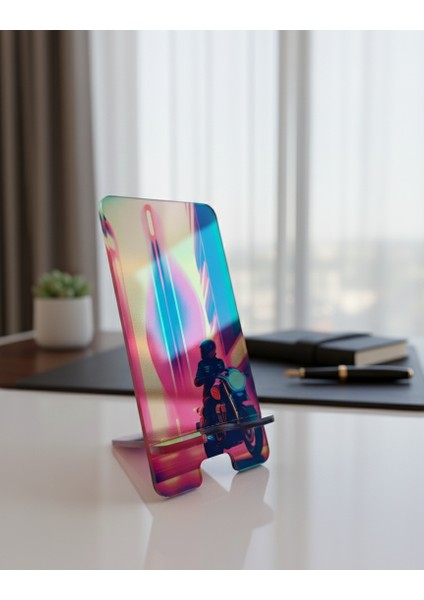 Pleksi Telefon Standı ve Telefon Tutucu Premium Motorcu Epoksi Baskı Tasarım