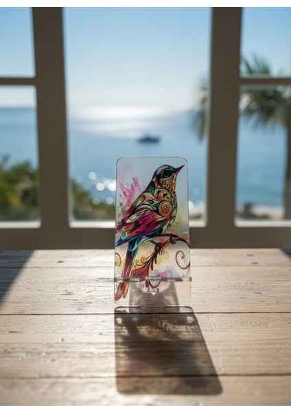 Pleksi Telefon Standı ve Telefon Tutucu Premium Renkli Kuş Epoksi Baskı Tasarım modelleri