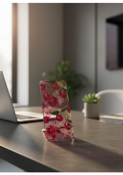 Pleksi Telefon Standı ve Telefon Tutucu Premium Kiraz Epoksi Baskı Tasarım