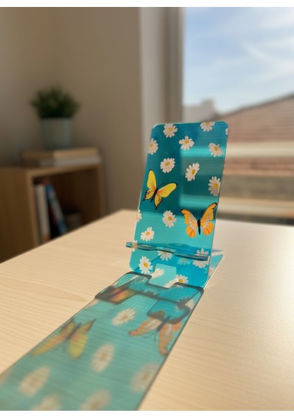 Pleksi Telefon Standı ve Telefon Tutucu Premium Kelebek Papatya Epoksi Baskı Tasarım