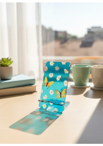 Pleksi Telefon Standı ve Telefon Tutucu Premium Kelebek Papatya Epoksi Baskı Tasarım fiyatları
