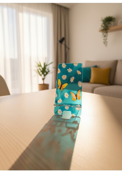 Pleksi Telefon Standı ve Telefon Tutucu Premium Kelebek Papatya Epoksi Baskı Tasarım modelleri
