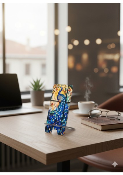 Pleksi Telefon Standı ve Telefon Tutucu Premium Tavus Kuşu Epoksi Baskı Tasarım