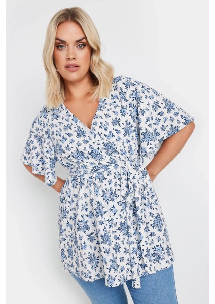 Büyük Beden V Yaka Bağlama Detaylı Desenli Kruvaze Bluz 321934