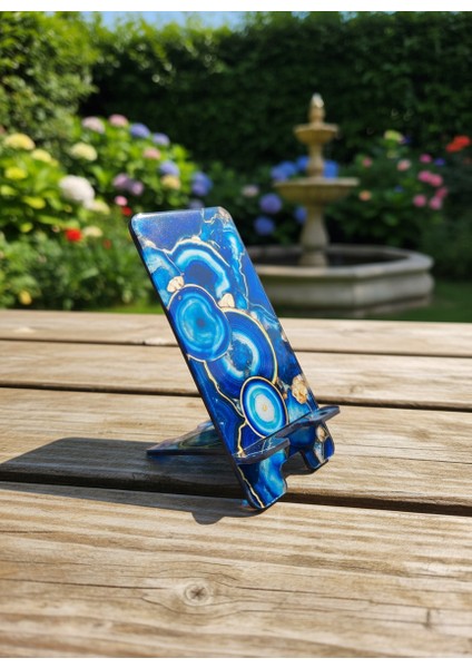 Pleksi Telefon Standı ve Telefon Tutucu Premium Mavi Boncuk Epoksi Baskı Tasarım