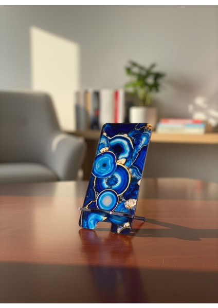 Pleksi Telefon Standı ve Telefon Tutucu Premium Mavi Boncuk Epoksi Baskı Tasarım modelleri