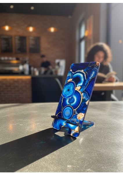 Pleksi Telefon Standı ve Telefon Tutucu Premium Mavi Boncuk Epoksi Baskı Tasarım indirimleri