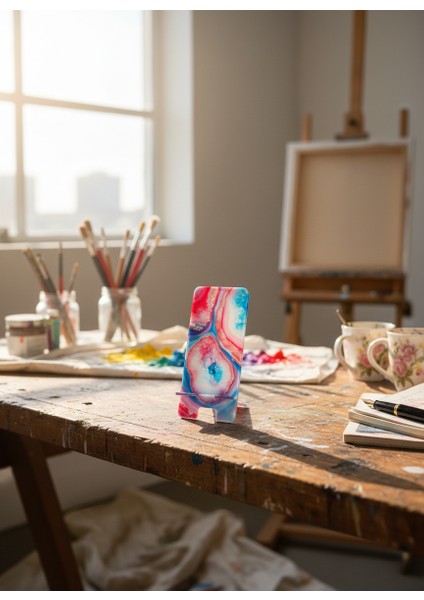 Pleksi Telefon Standı ve Telefon Tutucu Premium Pembe Mavili Epoksi Baskı Tasarım